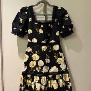 Alice & Olivia Floral Black Dress with Puff Sleeves